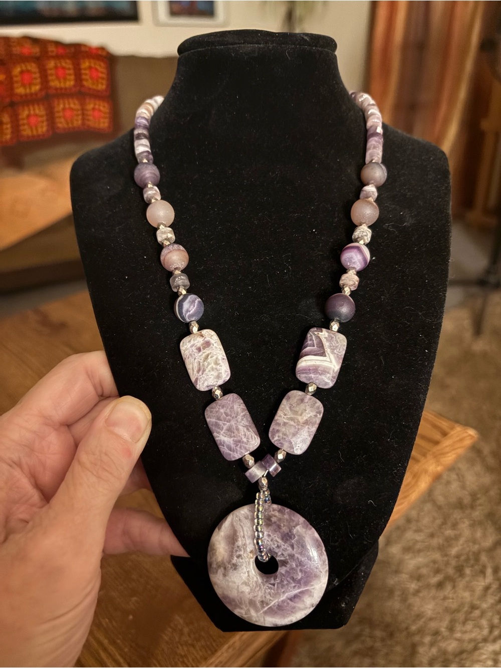 Hand Crafted Chevron Amethyst Pendant Necklace